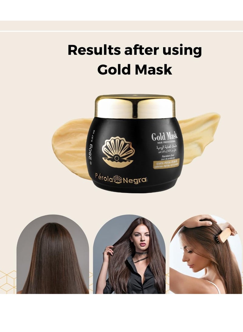 Perola Negra Gold Mask, Controls Frizz & Smooths Hair, Home care hair mask 9,87 oz