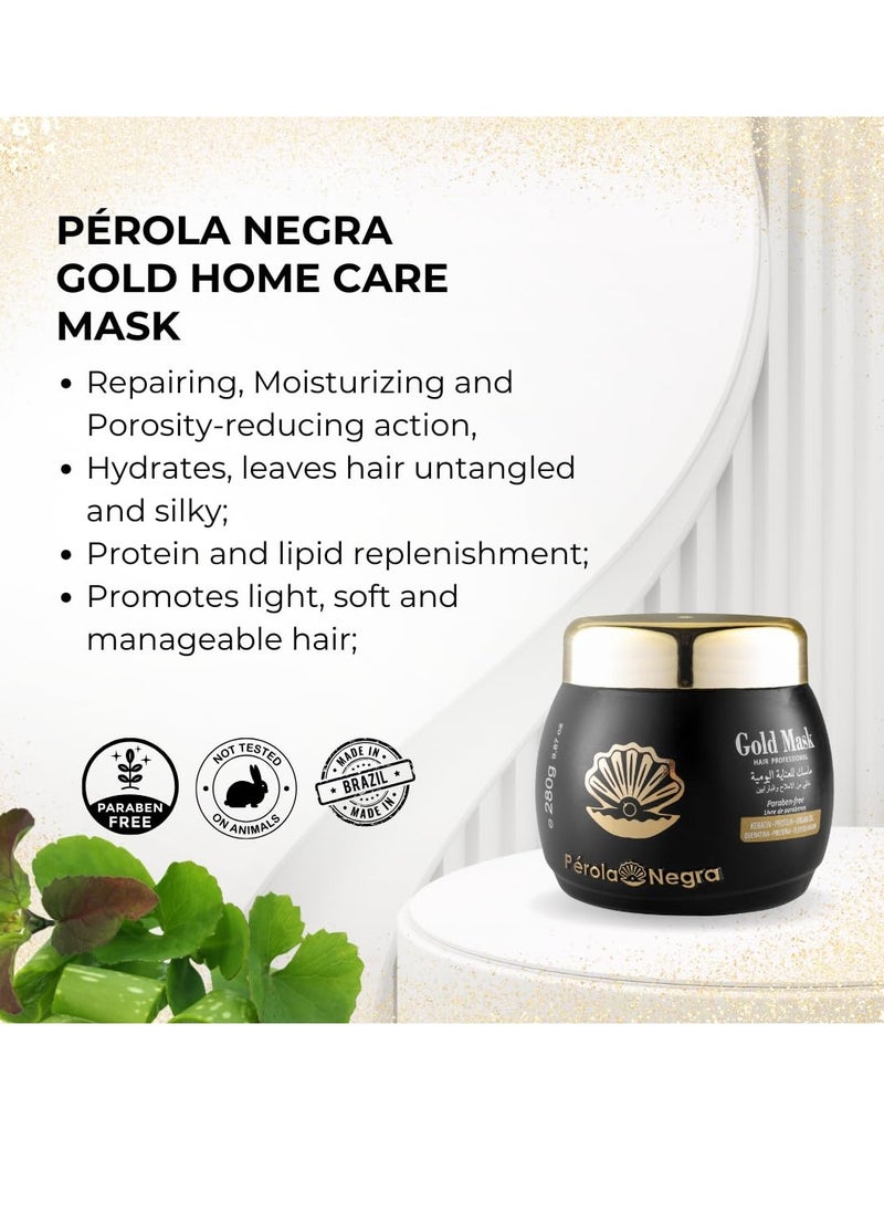 Perola Negra Gold Mask, Controls Frizz & Smooths Hair, Home care hair mask 9,87 oz