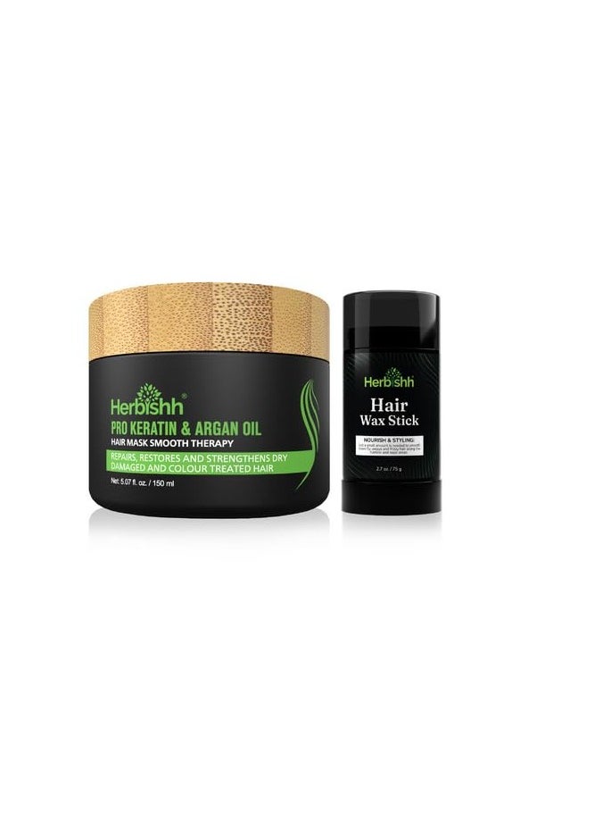 Herbishh Argan Hair Mask-Deep Conditioning & Hydration - 150 mL + Hair Wax Stick For Women & Men