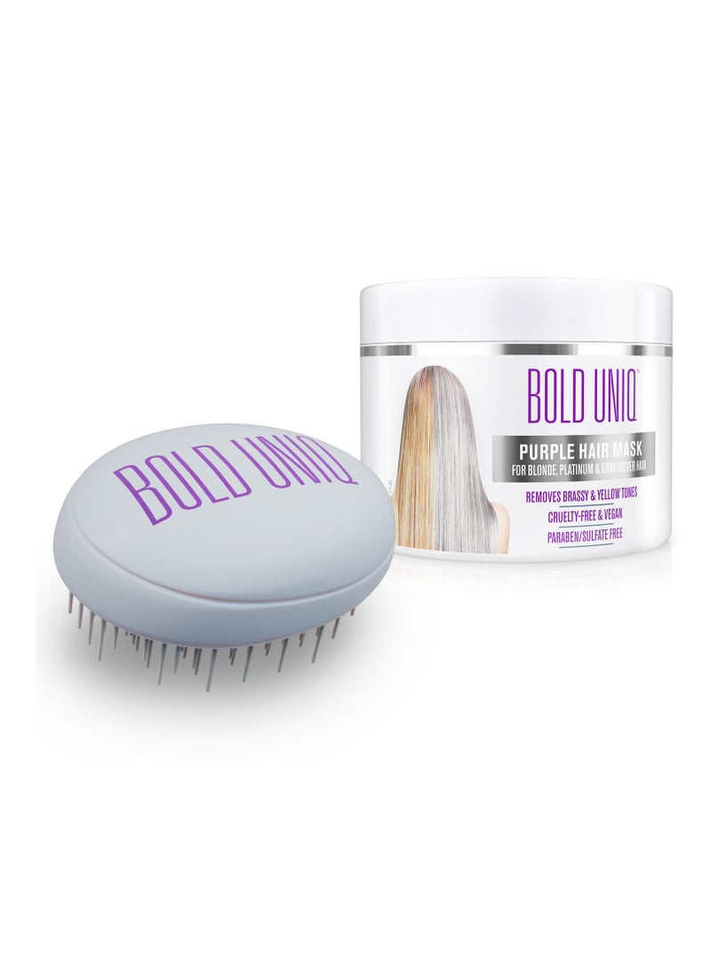 Purple Hair Mask For Blonde, Platinum, Bleached, Silver, Gray, Ash & Brassy Hair & Detangling Hair Brush Bundle - Remove Yellow Tones and Condition Dry, Damaged Hair - Cruelty Free & Vegan