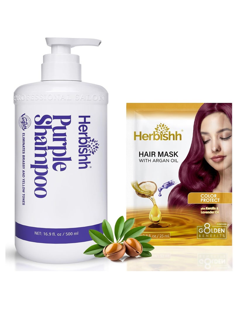 Herbishh Purple Shampoo for Blonde, Silver & Highlighted Hair, Eliminates Yellow & Brassy Undertones + Argan Hair Mask-Deep Conditioning & Hydration