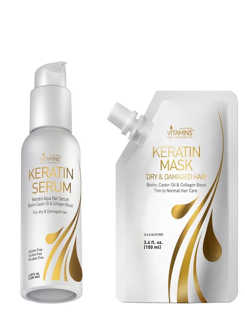 Vitamins Keratin Hair Serum and Mask Travel Kit - Weightless Heat Protectant Anti-Frizz , Deep Conditioner for Dry Damaged Hair - Pro Ultra Repair for Glossy Hair