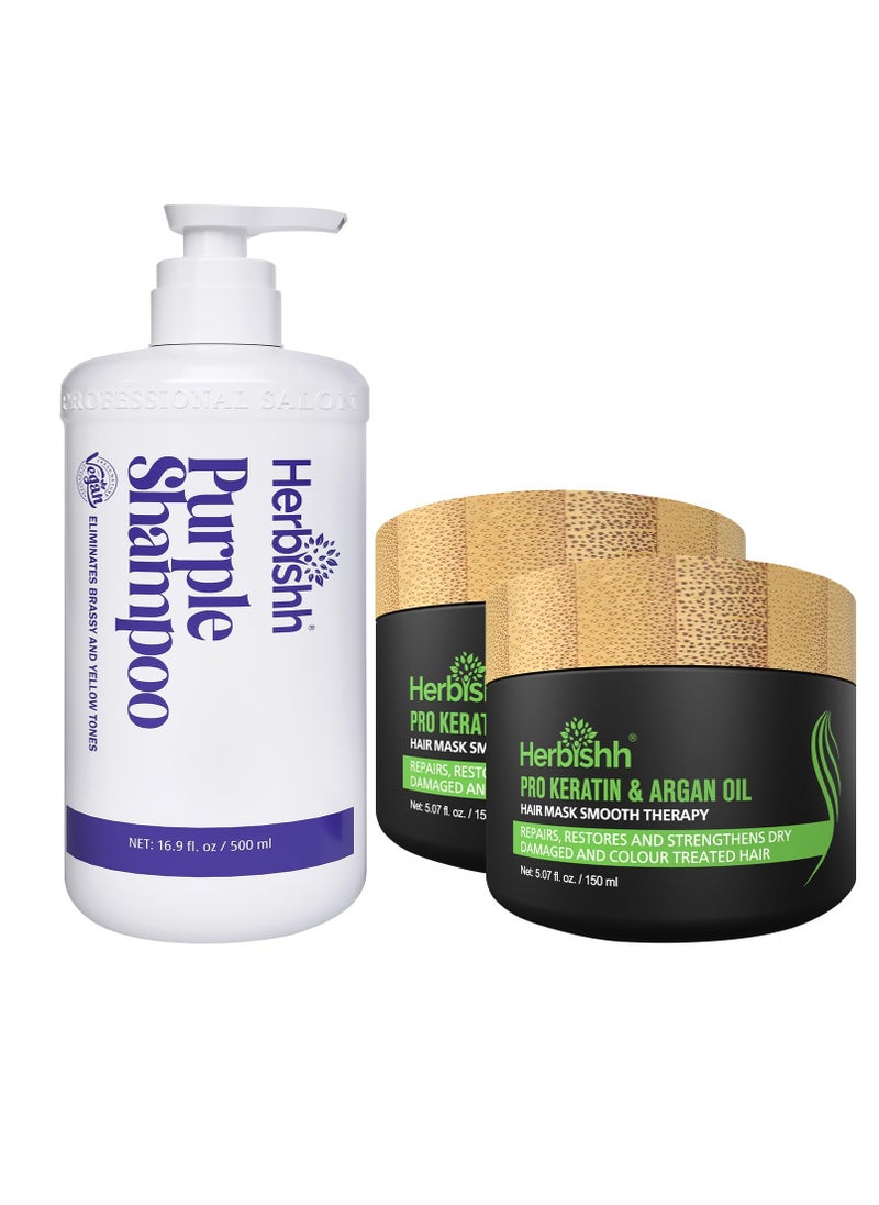 Herbishh Purple Shampoo for Blonde, Silver & Highlighted Hair + Argan Hair Mask Pack of 2