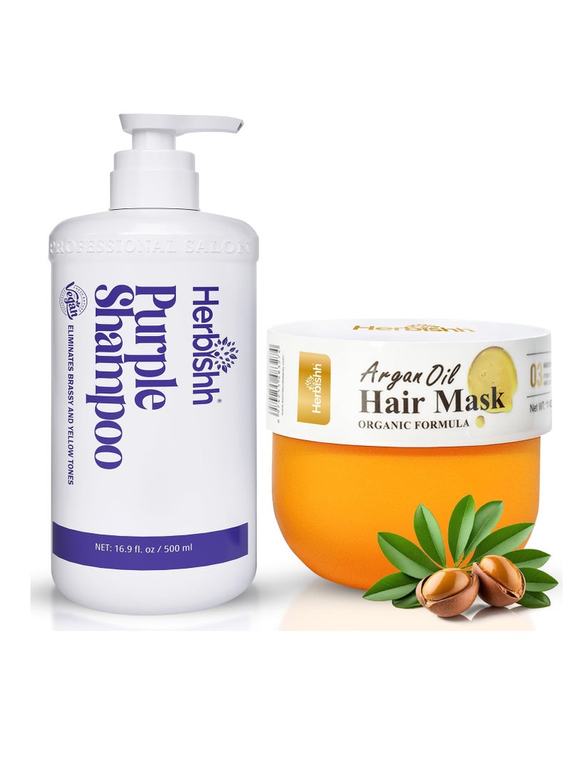 Herbishh Purple Shampoo for Blonde, Silver & Highlighted Hair, Eliminates Yellow & Brassy Undertones, Deep Cleansing Shampoo + Argan Hair Mask 300ml