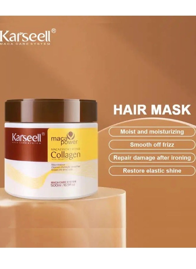 Karseell Collagen Hair Treatment Deep Repair Conditioning All Hair Types 16.90 oz 500ml + Argan Oil Hair Serum for Dry Damaged Hair 50ml