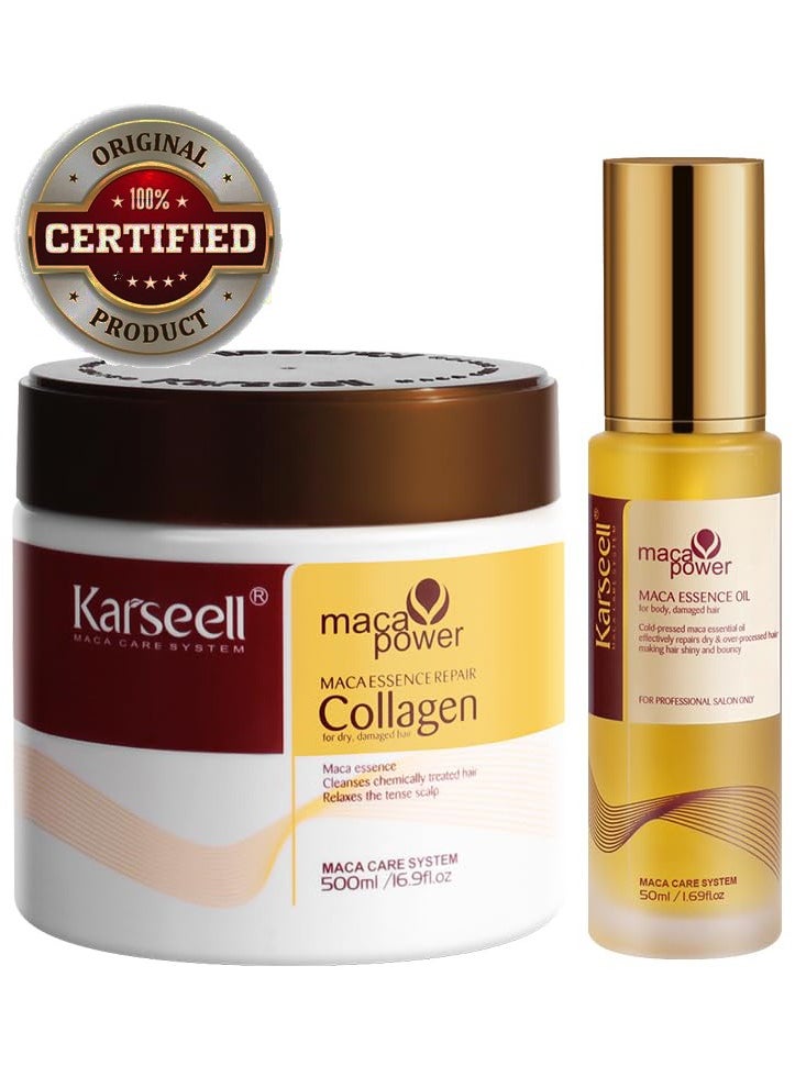 Karseell Collagen Hair Treatment Deep Repair Conditioning All Hair Types 16.90 oz 500ml + Argan Oil Hair Serum for Dry Damaged Hair 50ml