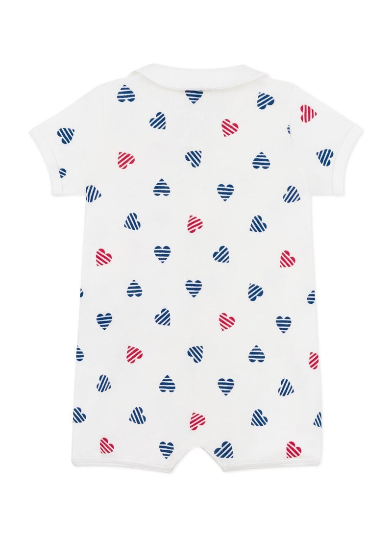 Babies' short stripy cotton jumpsuit with heart collar