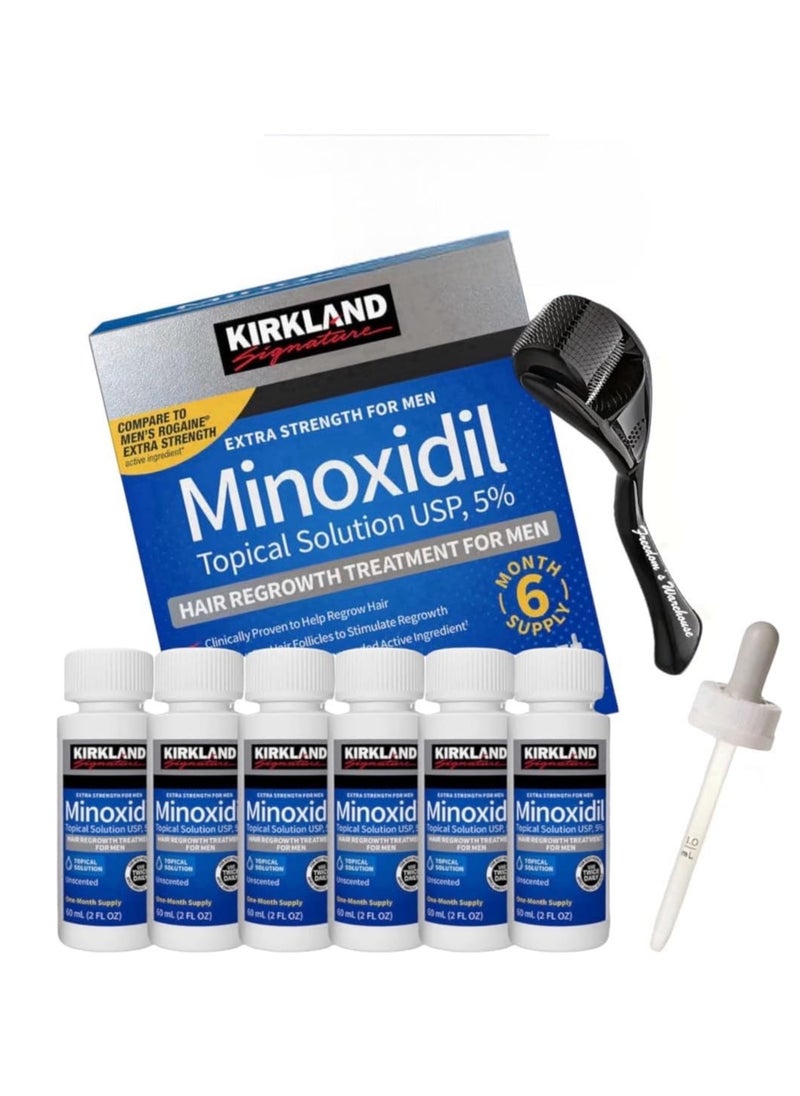 (6 Pack) Kirkland Minoxidil for Men Hair Regrowth Treatment, Liquid Extra Strength 5% Topical Solution, 6 Months Supply - Dropper Applicator and Microneedle Roller Included - Minoxidil Kirkland