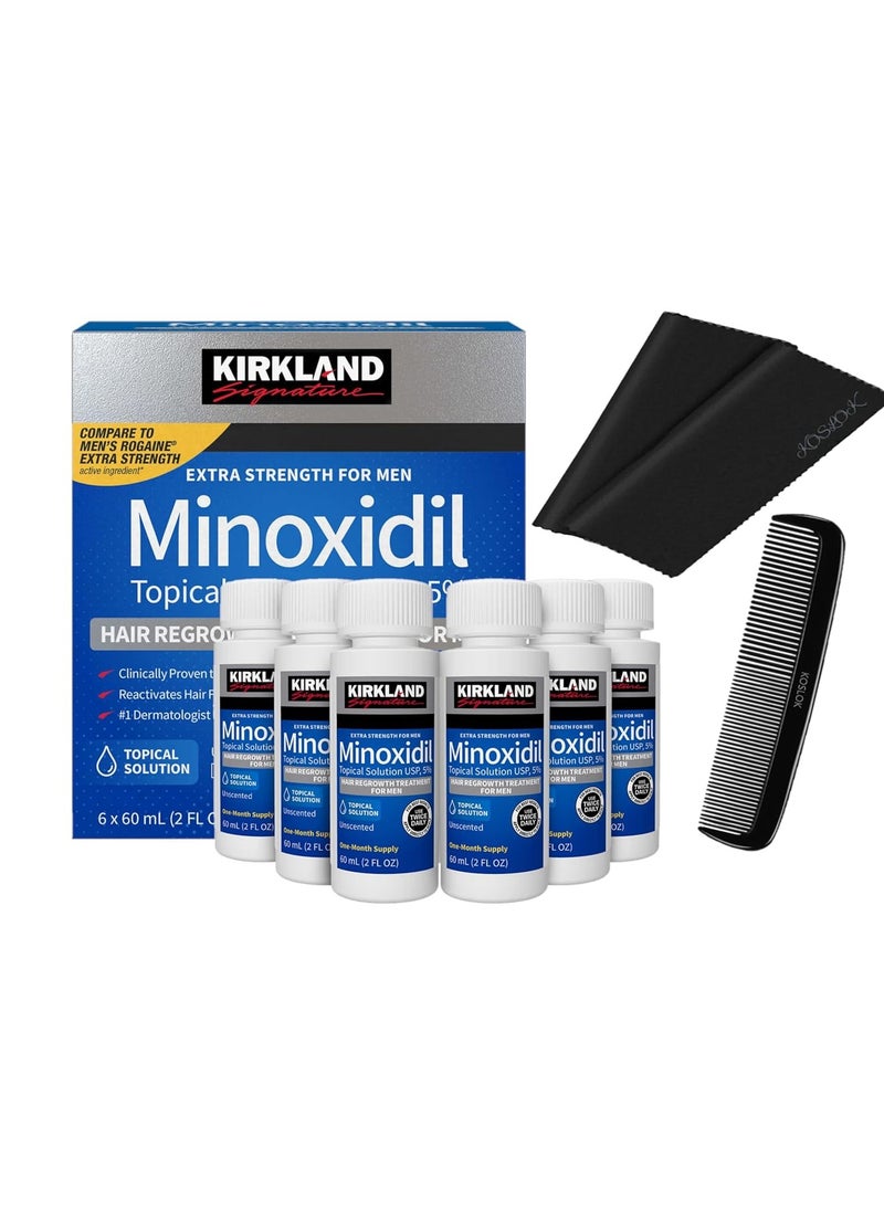 Kirkland Minoxidil 5% for Men, Topical Solution Extra Strength Hair Regrowth Treatment, 6 Months Supply, Total 12 Fl Oz, Dropper Applicator, Exclusive 2 MicroFiber Cleaning Cloths and Comb Included