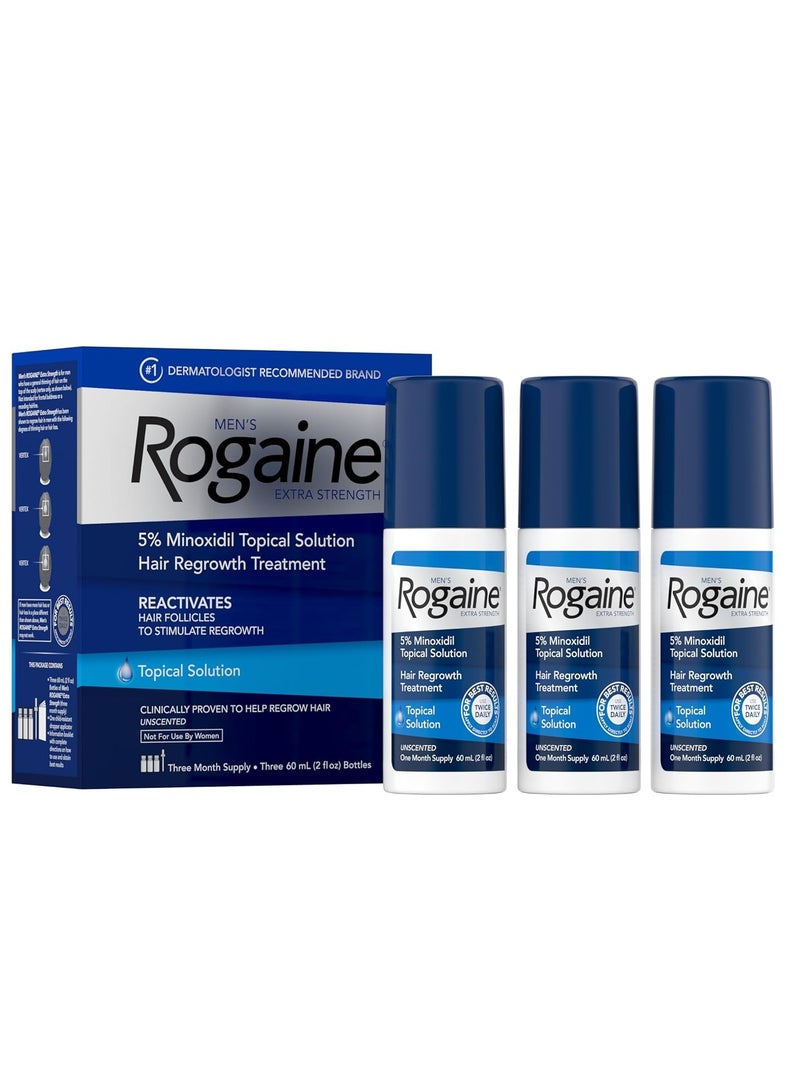 Men's Rogaine Extra Strength 5% Minoxidil Topical Solution for Thin Hair, Hair Loss Treatment to Regrow Fuller, Thicker Hair, 3 Month Supply 60 ml (3 bottles)ml