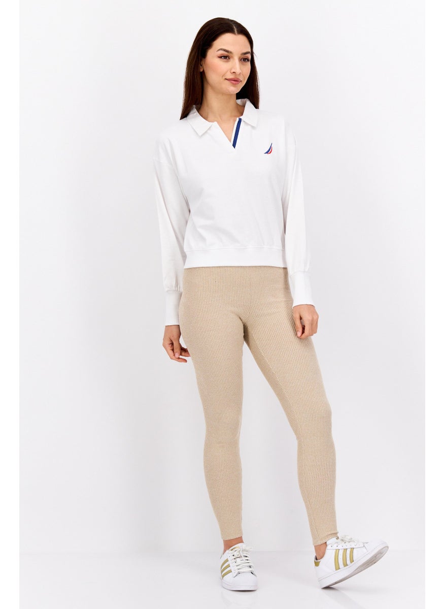 Women Spread Collar V-Neck Brand Logo Sweatshirt, White