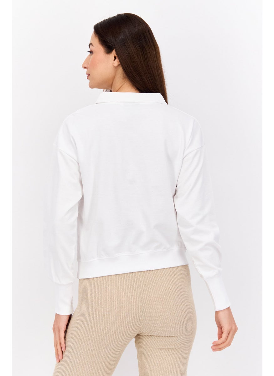 Women Spread Collar V-Neck Brand Logo Sweatshirt, White