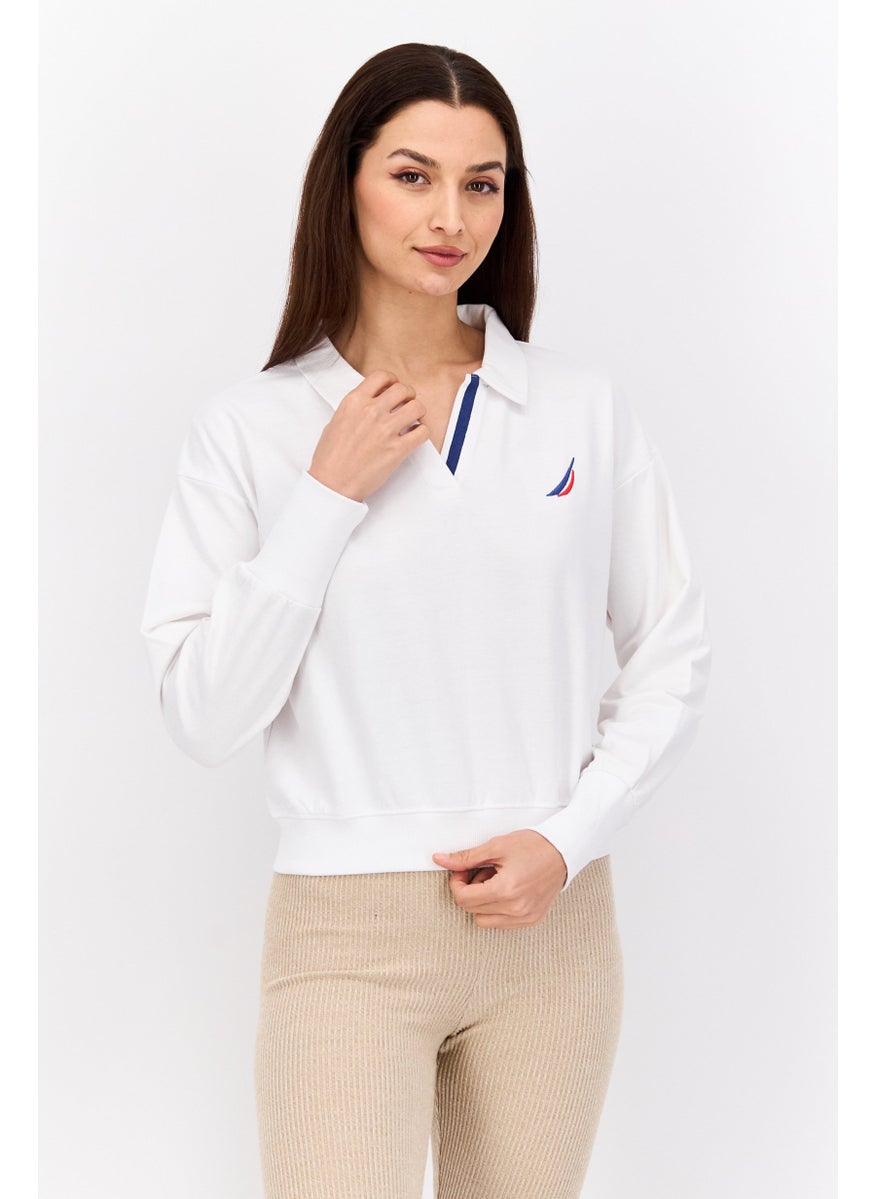 Women Spread Collar V-Neck Brand Logo Sweatshirt, White