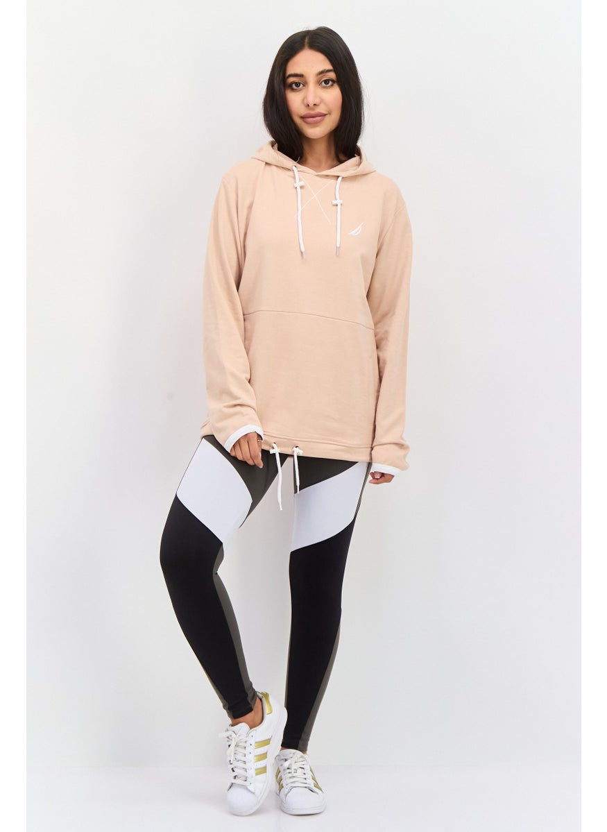 Women Hooded Long Sleeve Embroiled Logo Sweatshirt, Peach