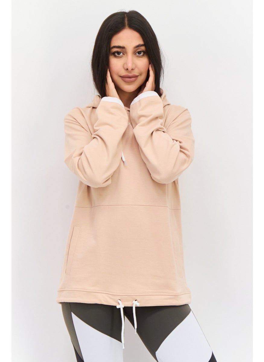 Women Hooded Long Sleeve Embroiled Logo Sweatshirt, Peach