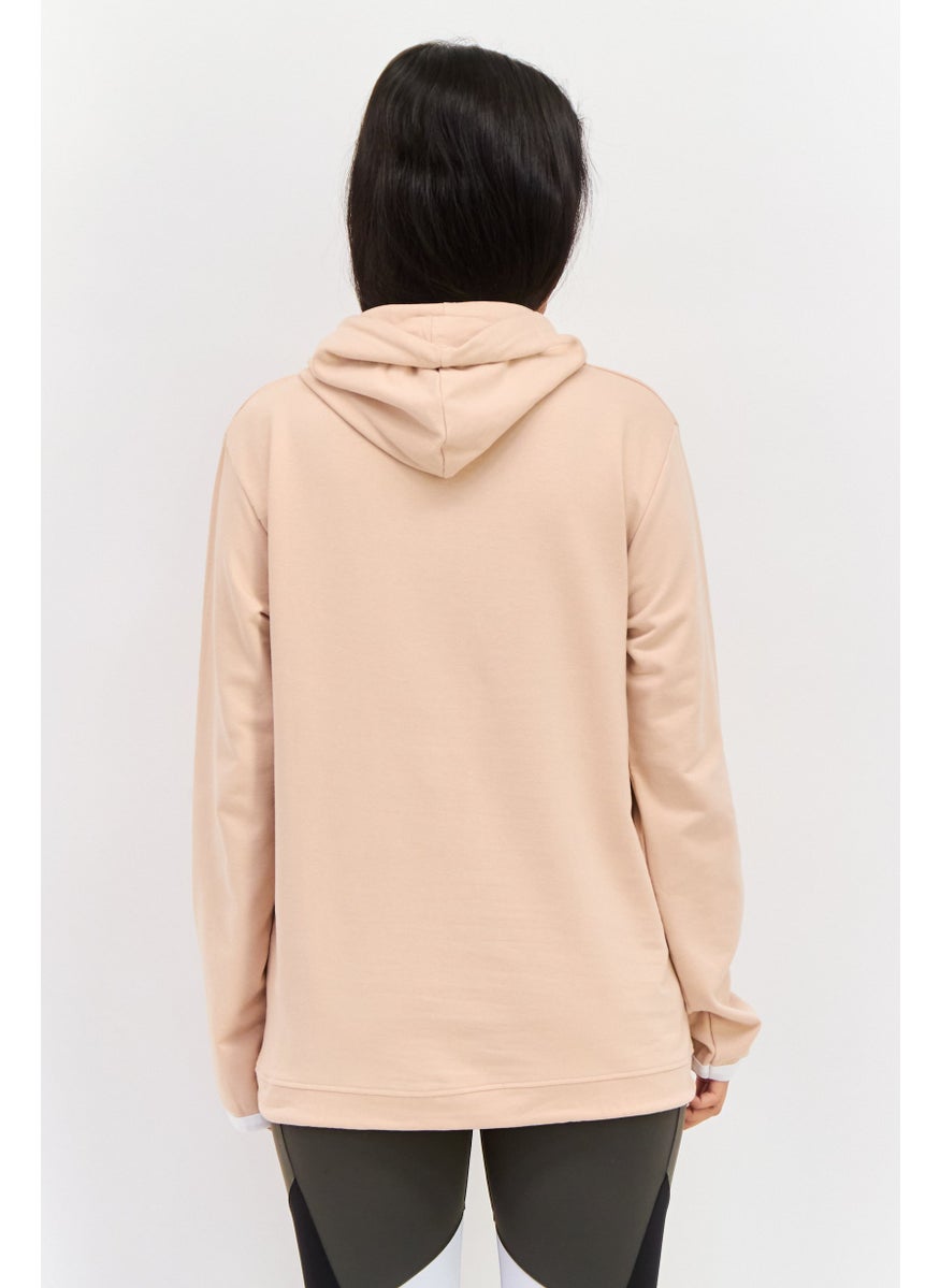 Women Hooded Long Sleeve Embroiled Logo Sweatshirt, Peach