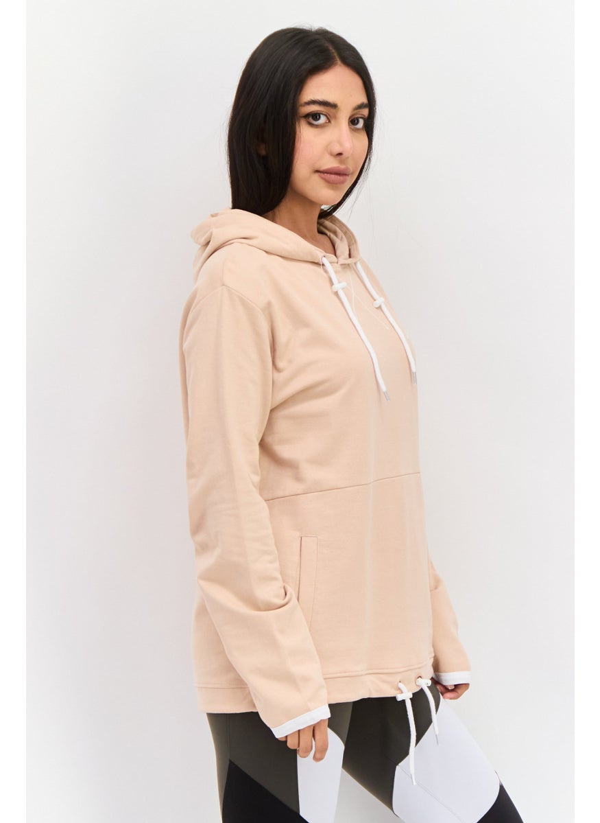 Women Hooded Long Sleeve Embroiled Logo Sweatshirt, Peach