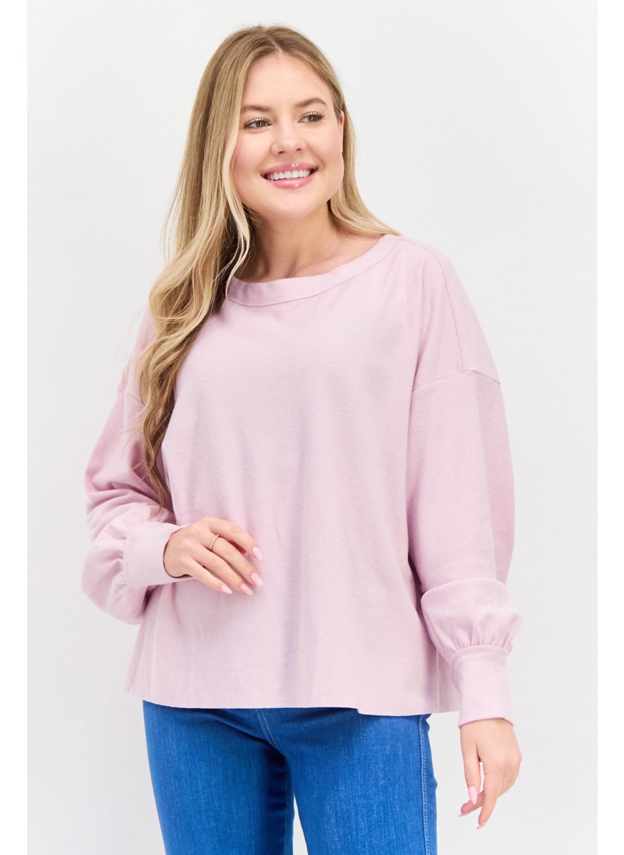 Women Crew Neck Long Sleeve Textured Sweatshirt, Pink