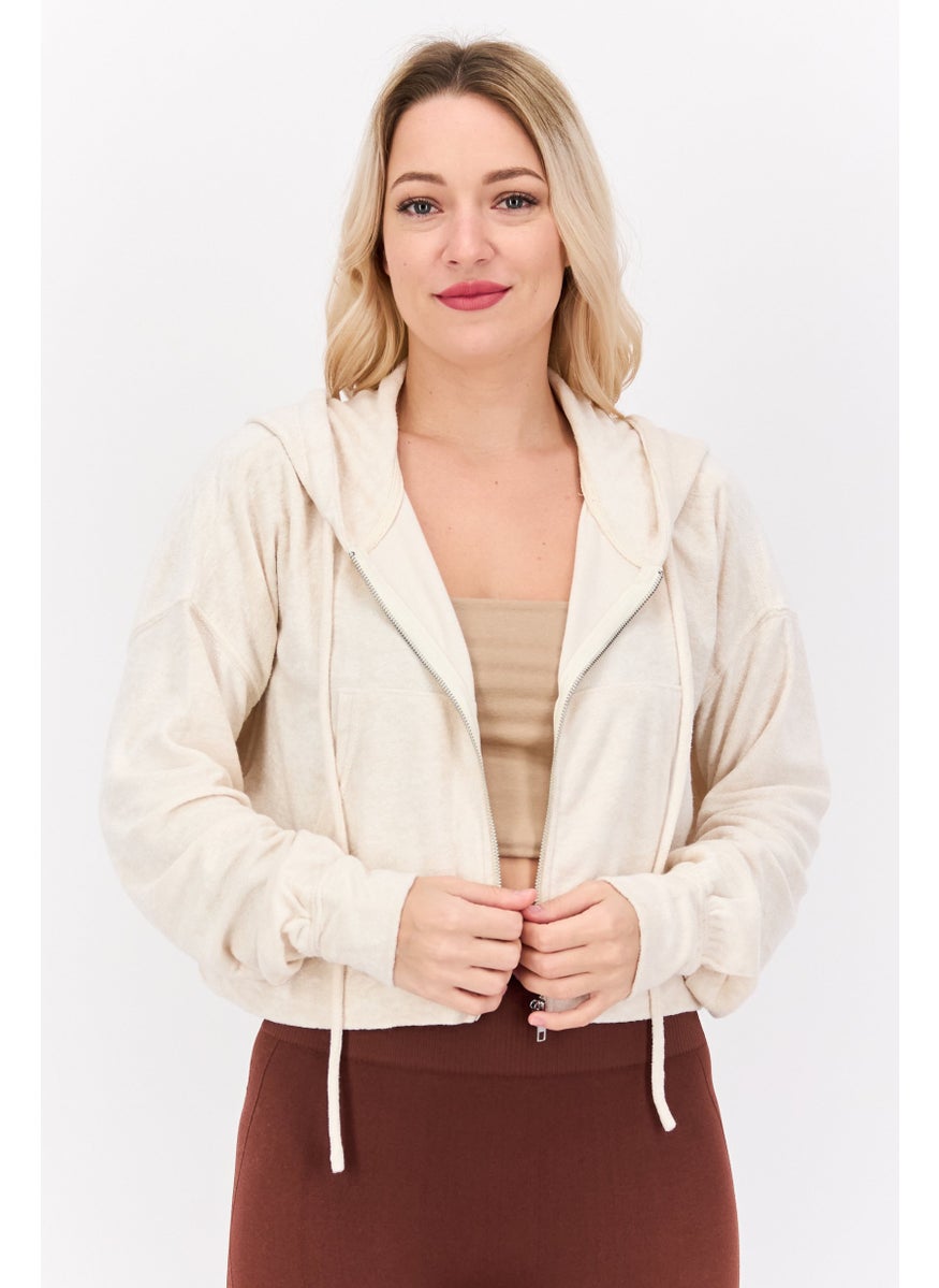 Women Hood Neck Textured Hoodie, Beige