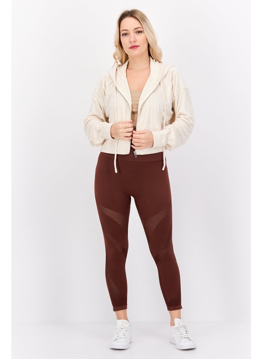 Women Hood Neck Textured Hoodie, Beige