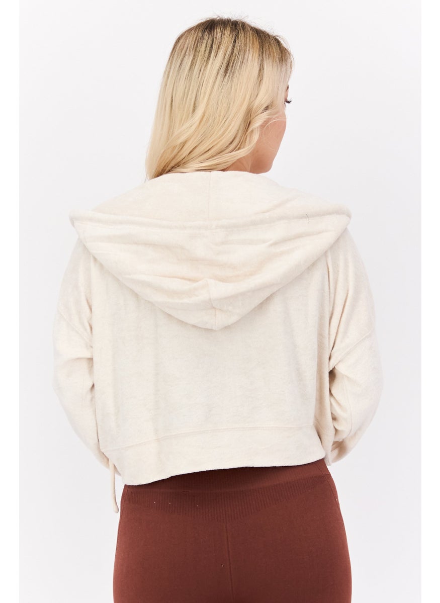 Women Hood Neck Textured Hoodie, Beige