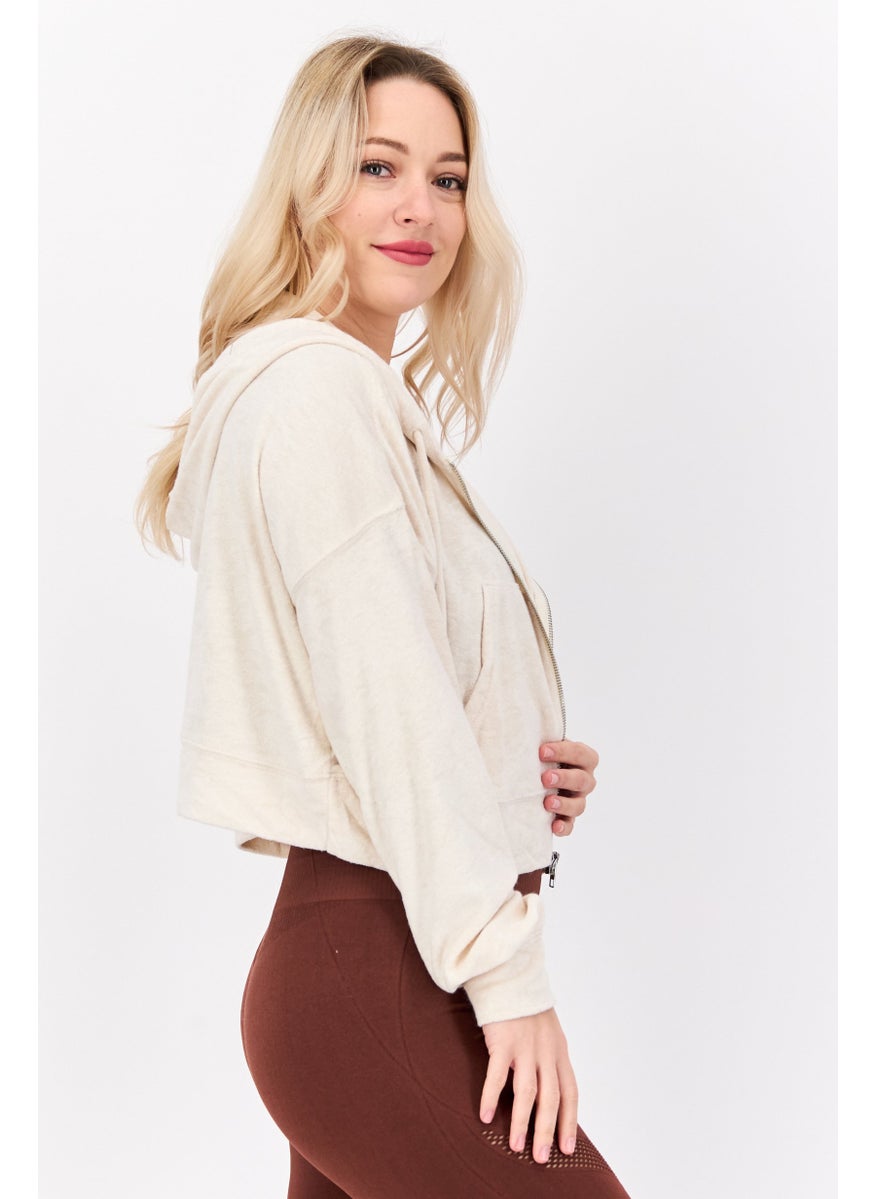 Women Hood Neck Textured Hoodie, Beige