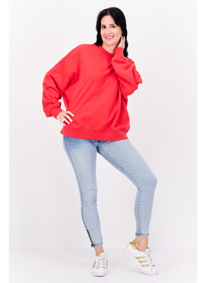 Women Crew Neck Solid Long Sleeves Sweatshirt, Red