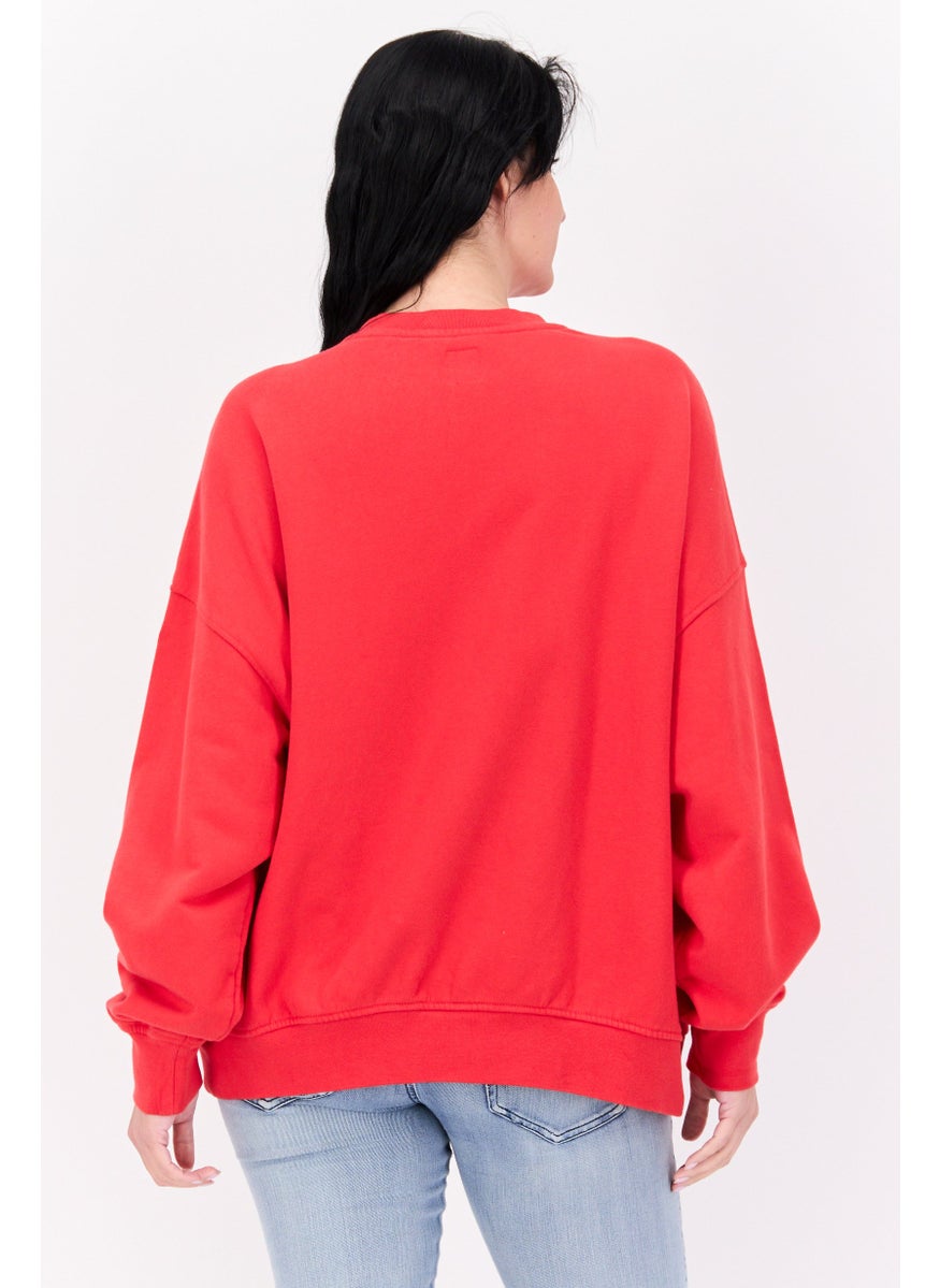 Women Crew Neck Solid Long Sleeves Sweatshirt, Red