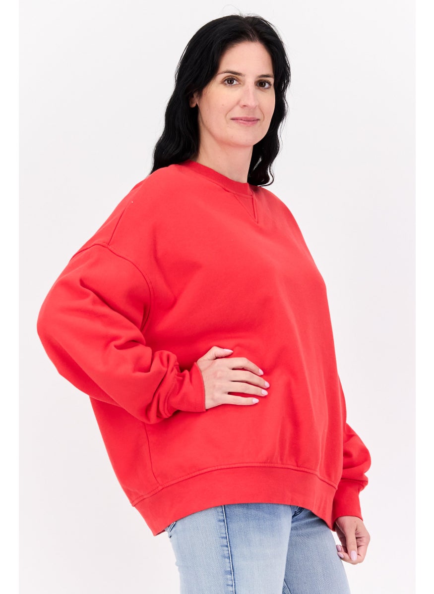 Women Crew Neck Solid Long Sleeves Sweatshirt, Red
