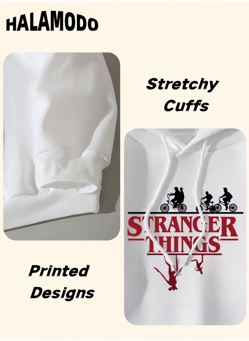 Unisex Hoodies Long-Sleeved Printed Tops Casual Sweatshirts Fashion Youth Pullovers Soft Sportswear with Drawstrings & Large Pockets for Daily Wear