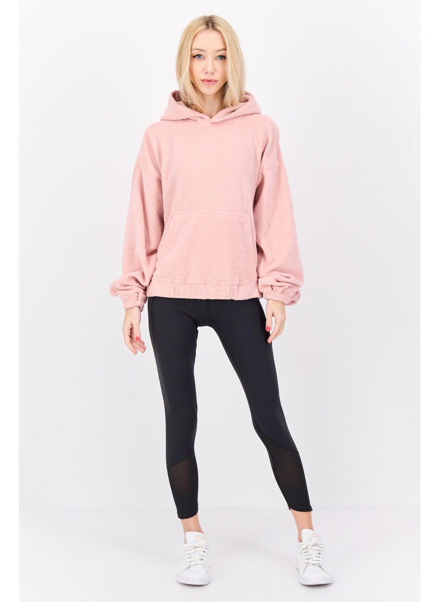 Women Hooded Long Sleeves Textured Sweatshirt, Light Pink