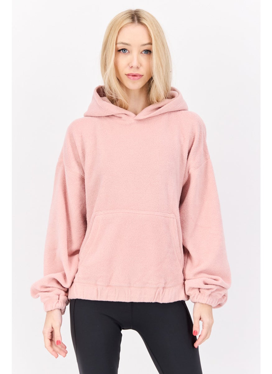 Women Hooded Long Sleeves Textured Sweatshirt, Light Pink