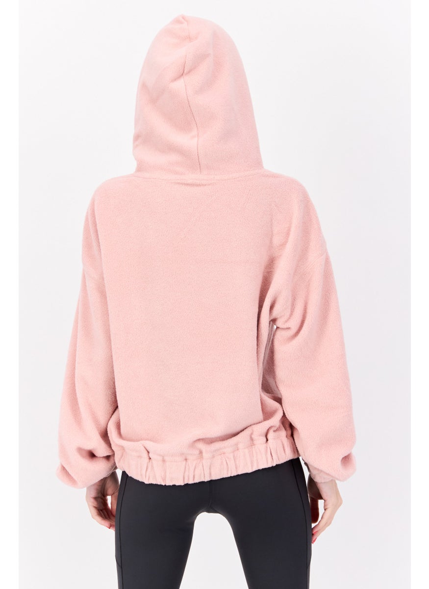 Women Hooded Long Sleeves Textured Sweatshirt, Light Pink