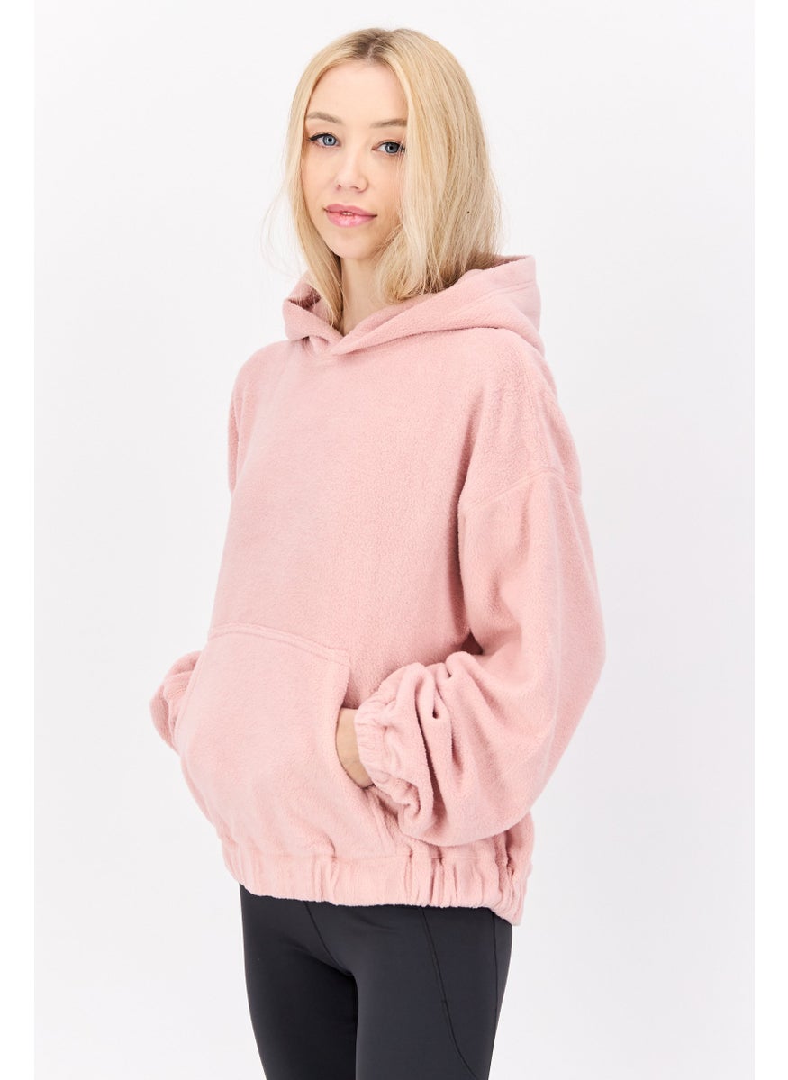 Women Hooded Long Sleeves Textured Sweatshirt, Light Pink