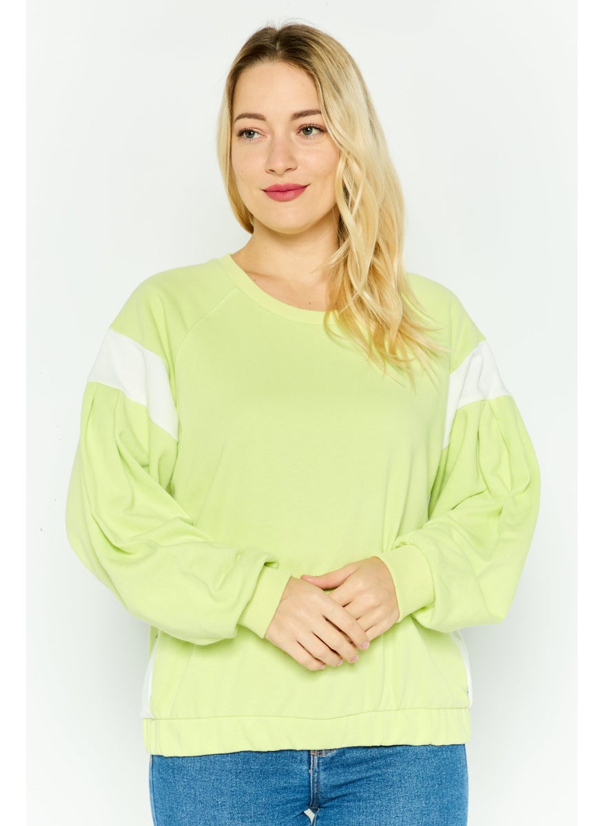 Women Crew Neck Long Sleeves Plain Sweatshirt, Lime