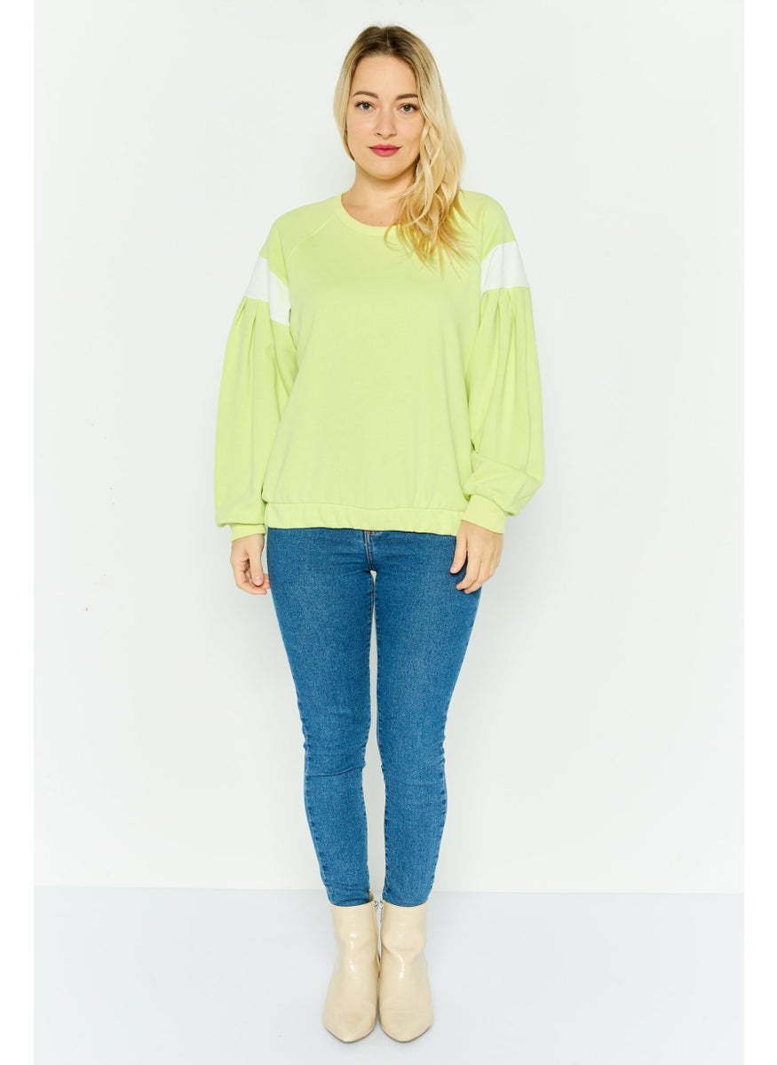 Women Crew Neck Long Sleeves Plain Sweatshirt, Lime