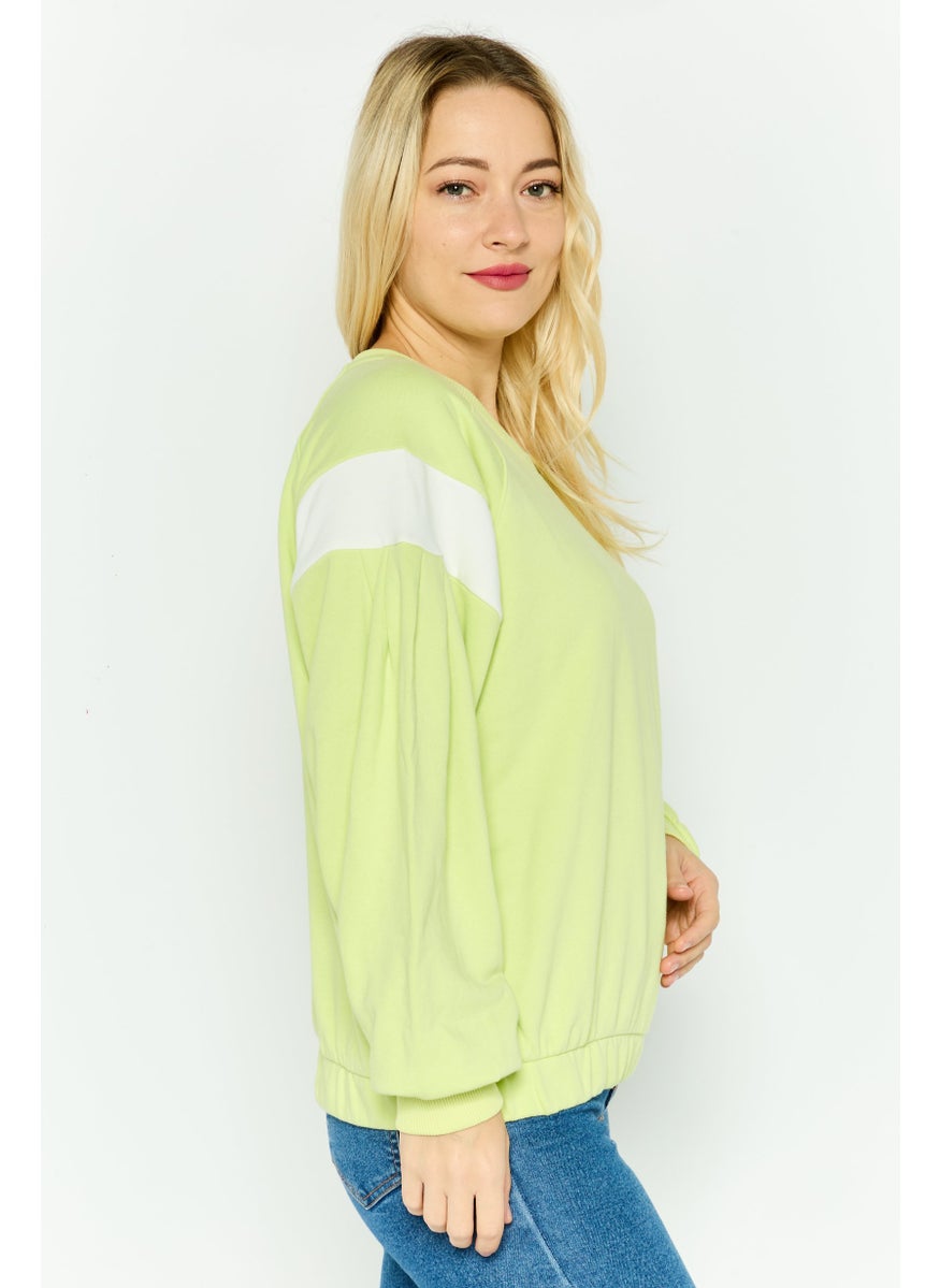 Women Crew Neck Long Sleeves Plain Sweatshirt, Lime