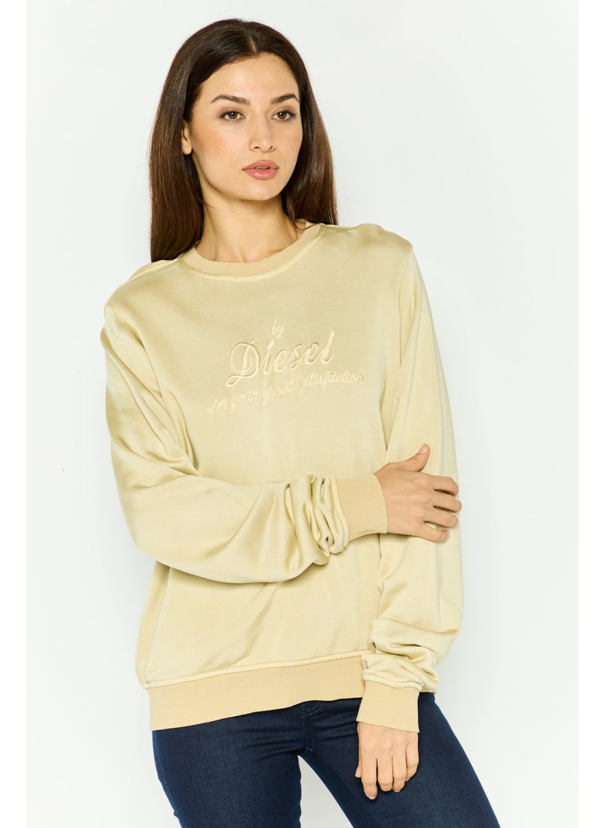 Women Crew Neck Embroidered Sweatshirt, Beige