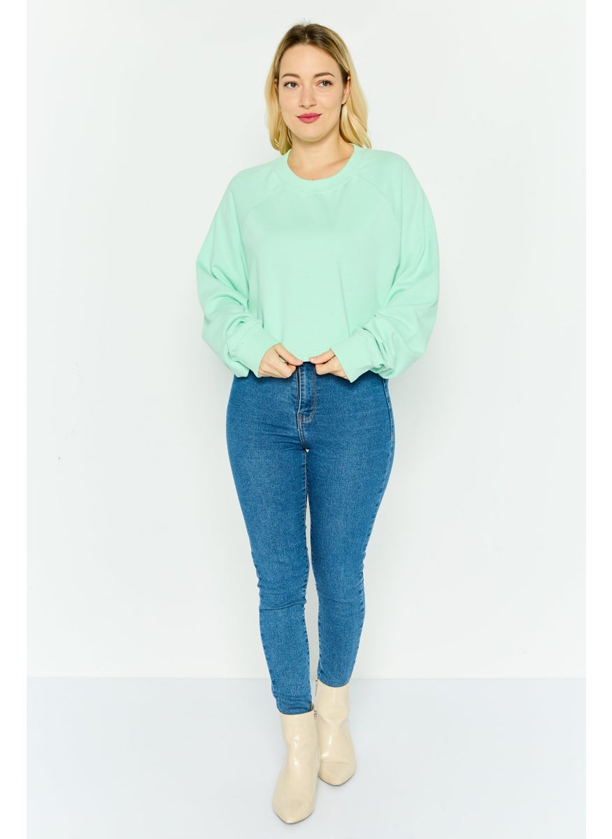 Women Crew Neck Long Sleeve Solid Crop Sweatshirt, Mint Green