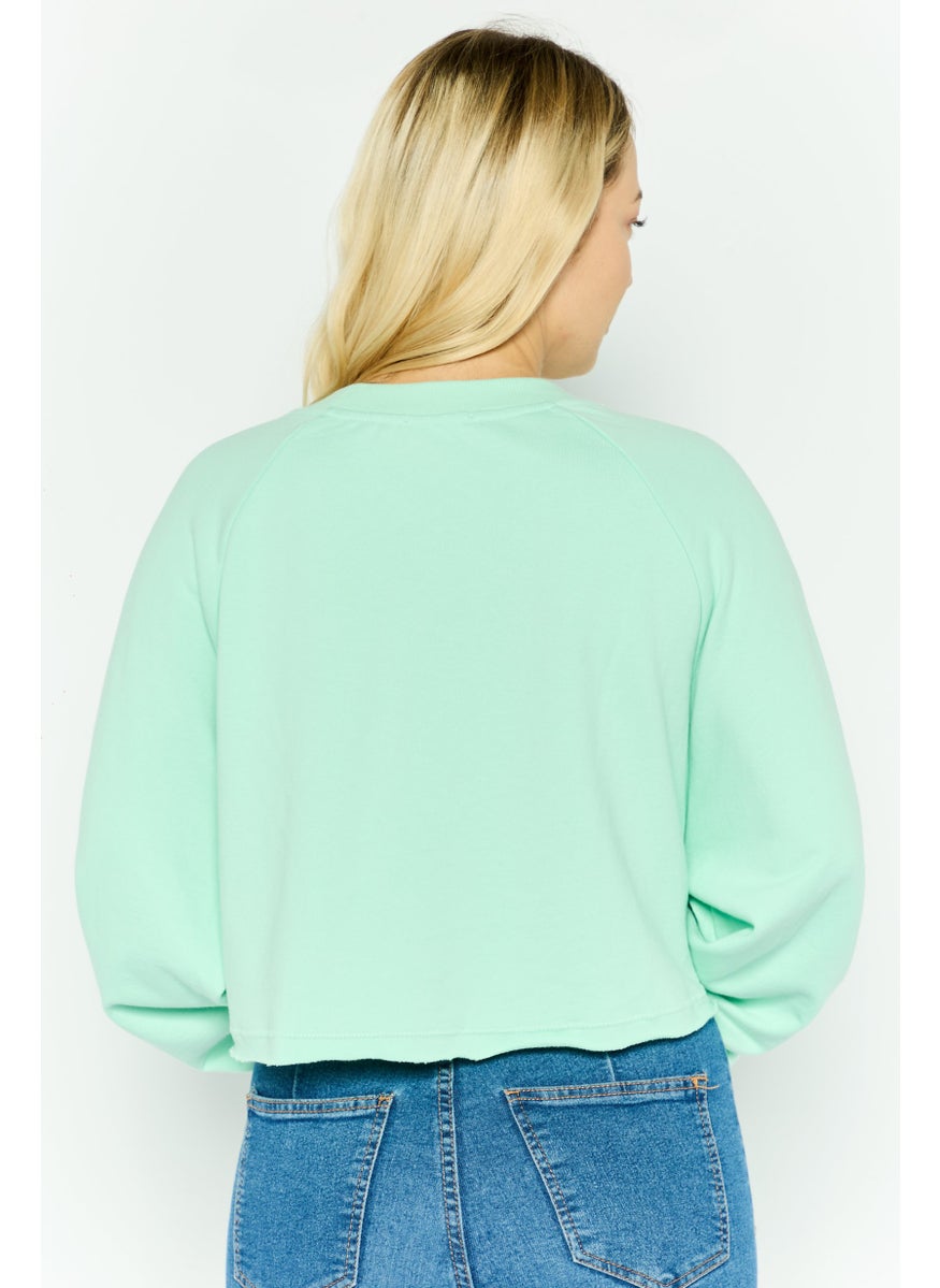 Women Crew Neck Long Sleeve Solid Crop Sweatshirt, Mint Green