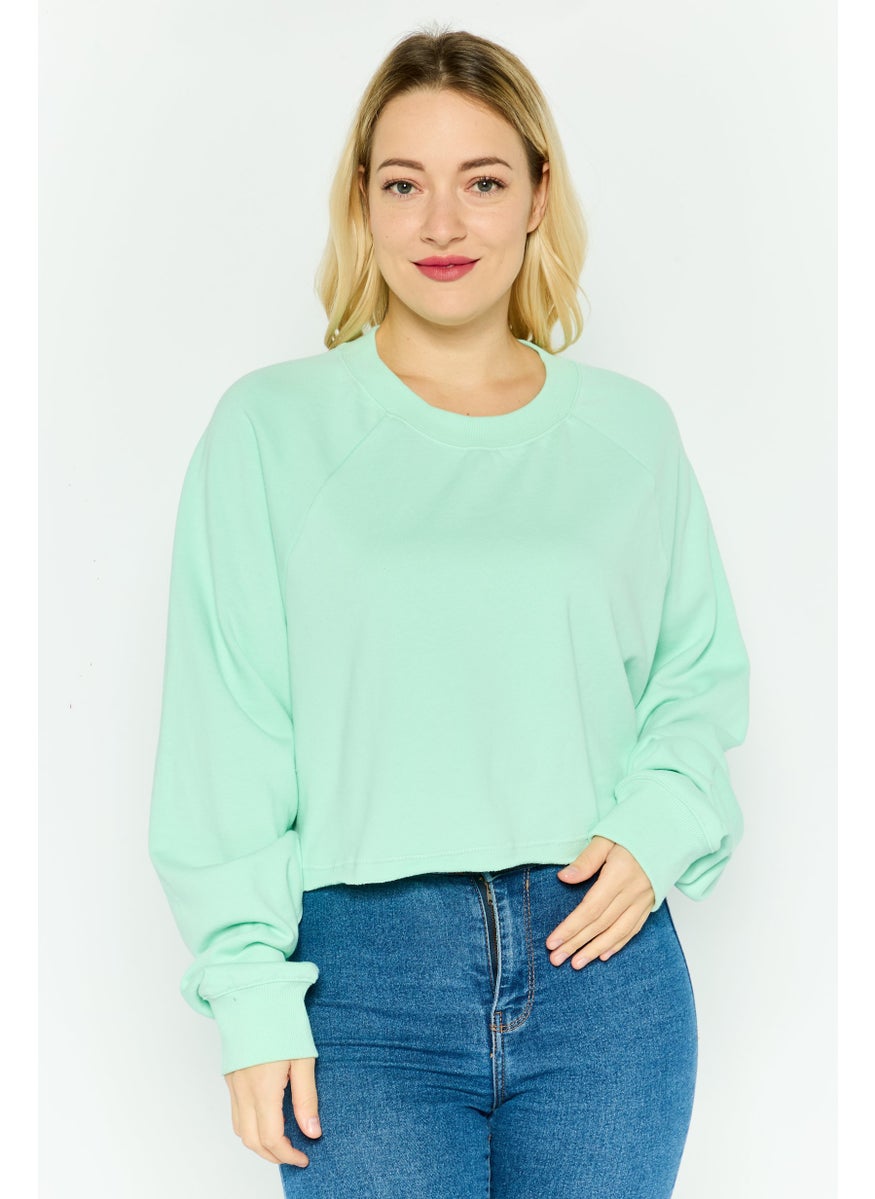 Women Crew Neck Long Sleeve Solid Crop Sweatshirt, Mint Green