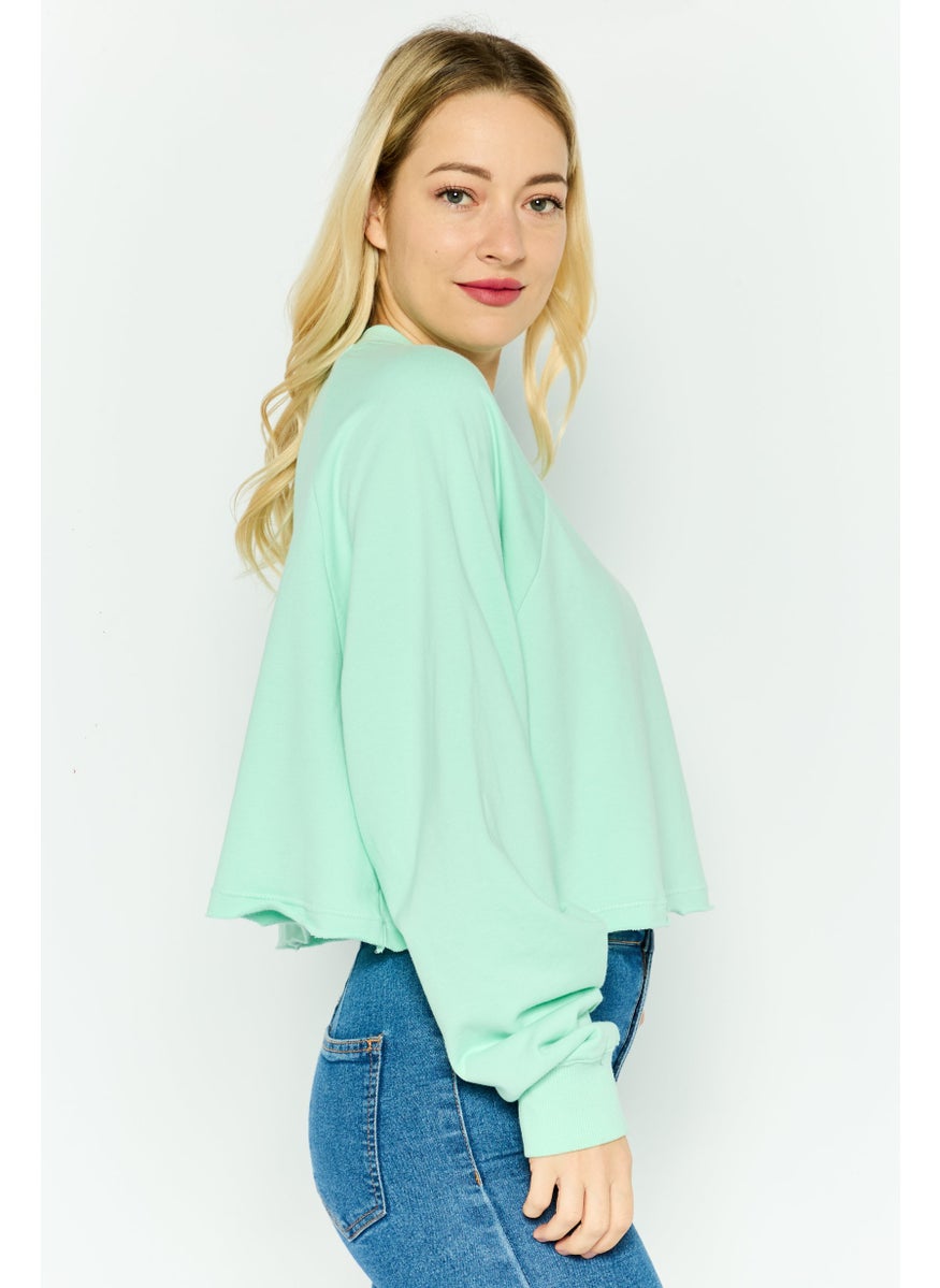 Women Crew Neck Long Sleeve Solid Crop Sweatshirt, Mint Green