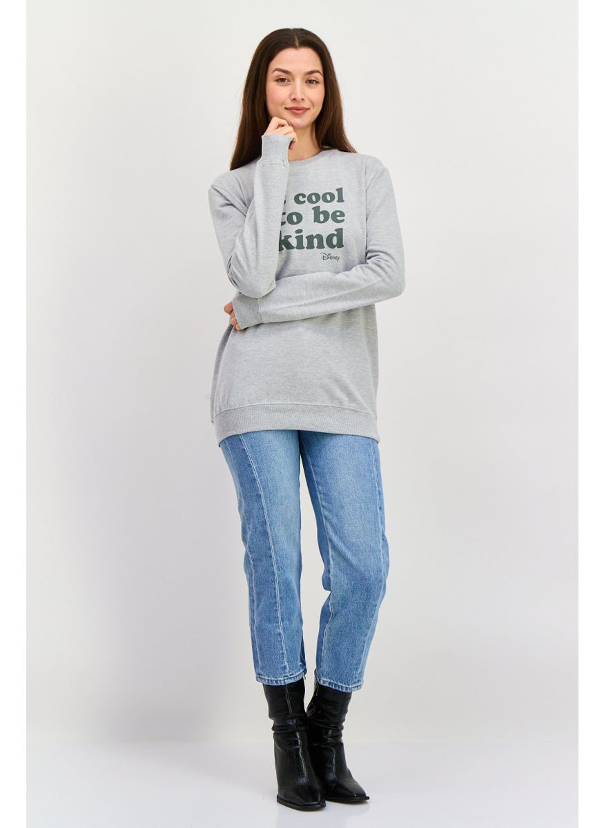 Women Crew Neck Graphic Printed Sweatshirt, Grey