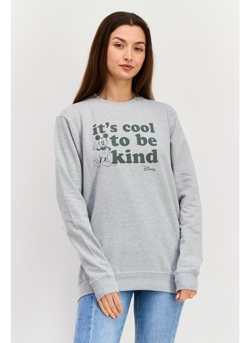 Women Crew Neck Graphic Printed Sweatshirt, Grey