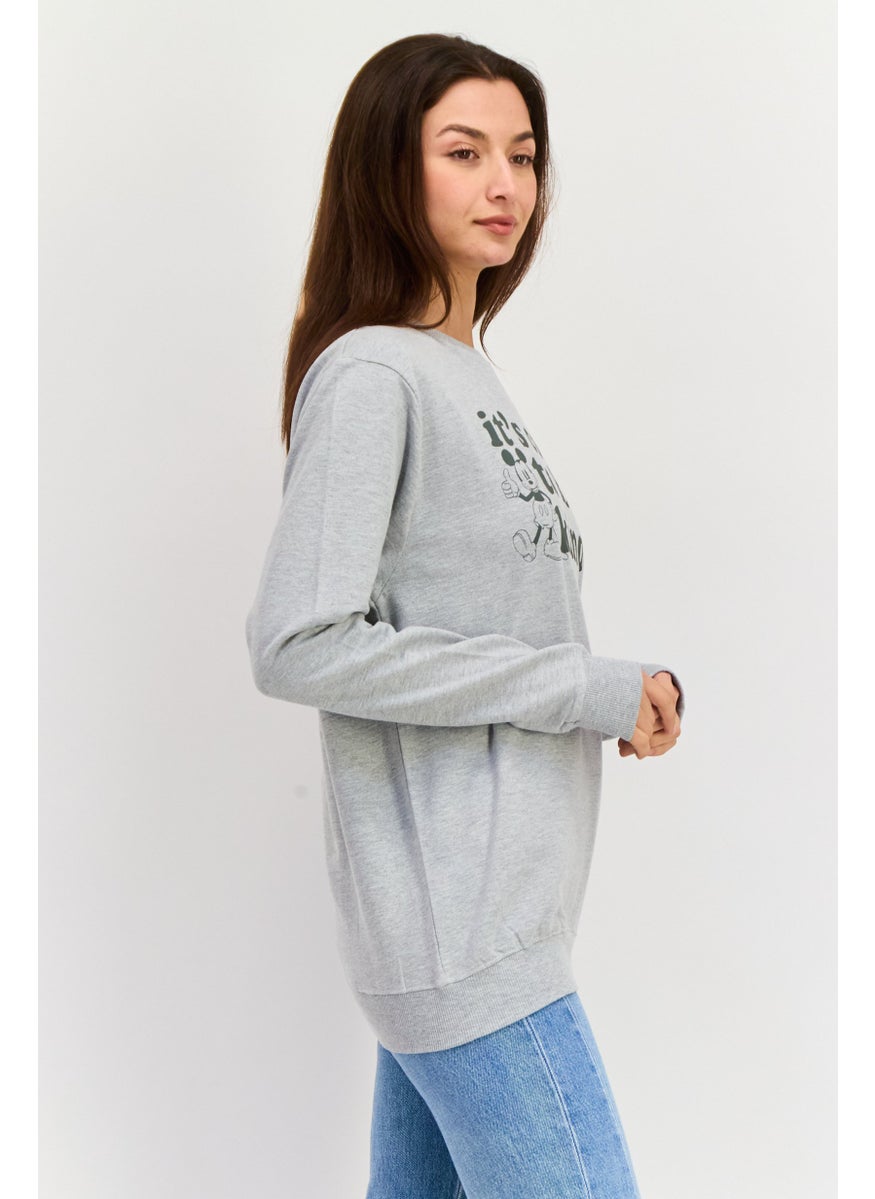 Women Crew Neck Graphic Printed Sweatshirt, Grey