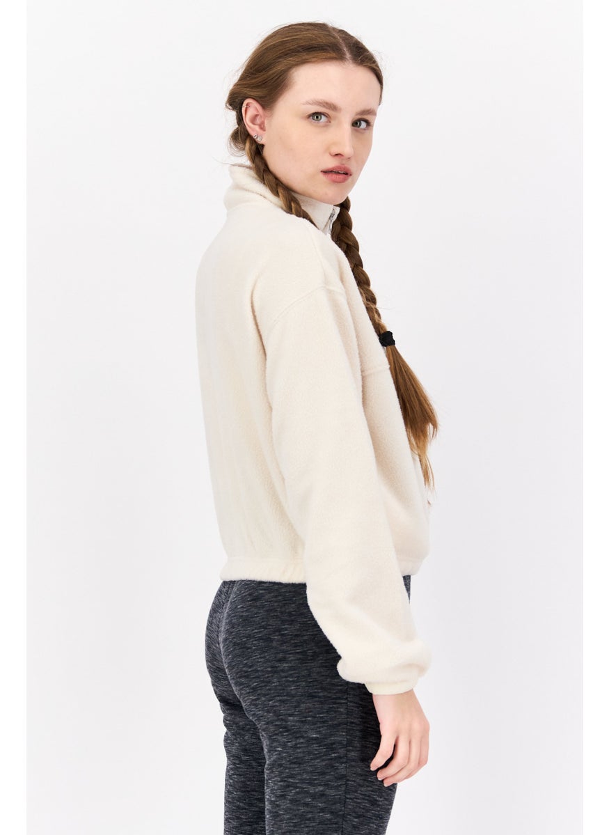 Women High Neck Long Sleeve Solid Sweatshirt, Cream