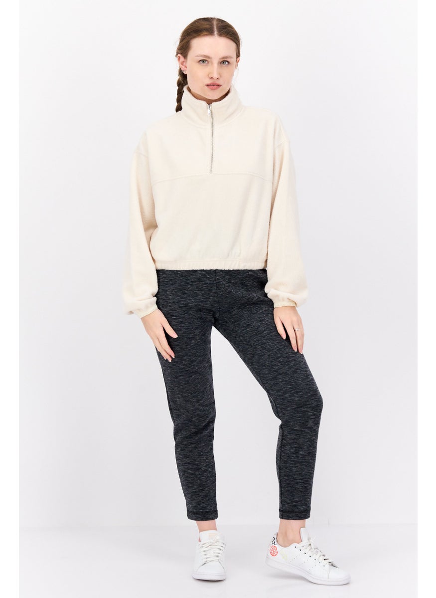 Women High Neck Long Sleeve Solid Sweatshirt, Cream