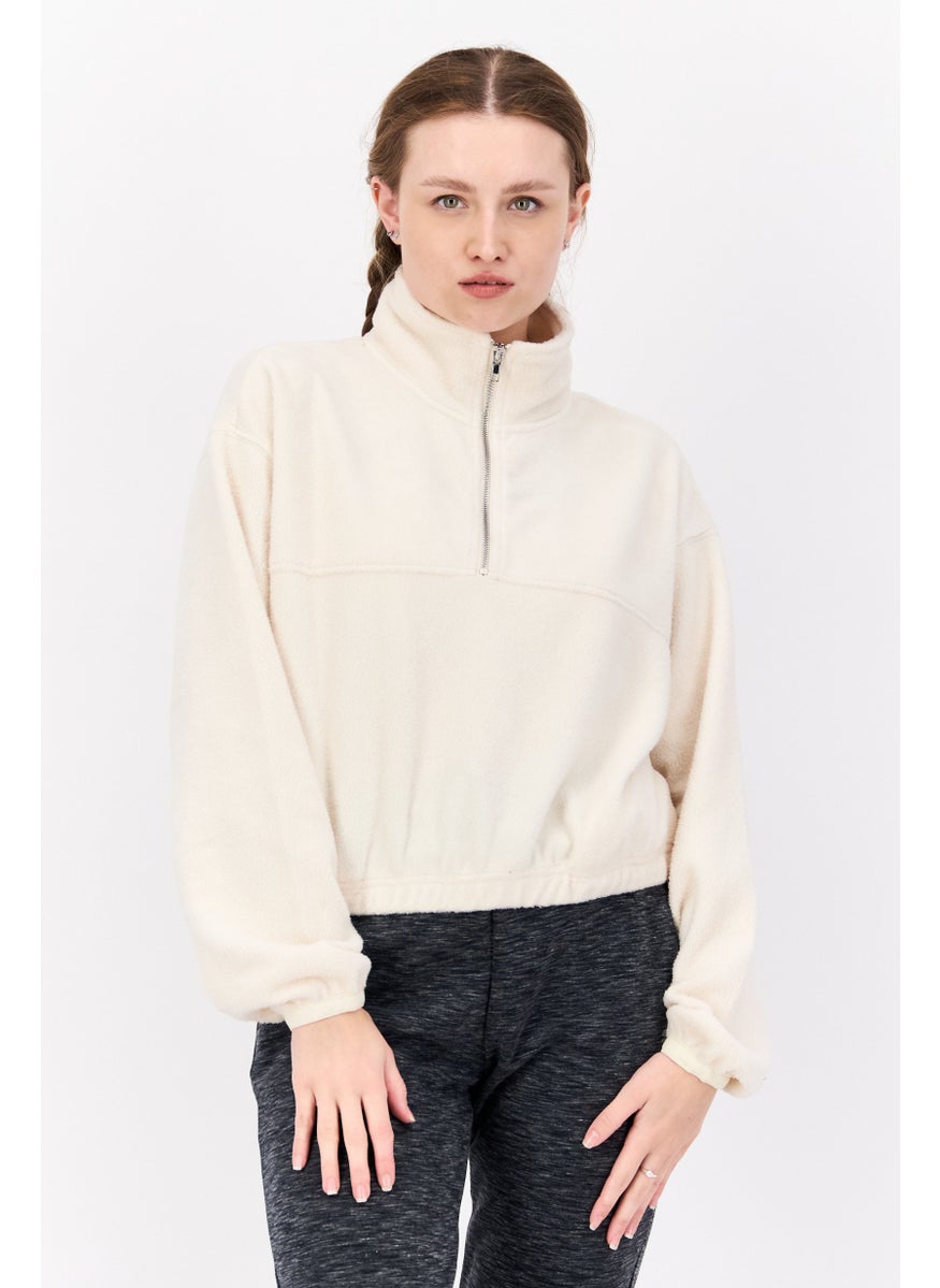 Women High Neck Long Sleeve Solid Sweatshirt, Cream