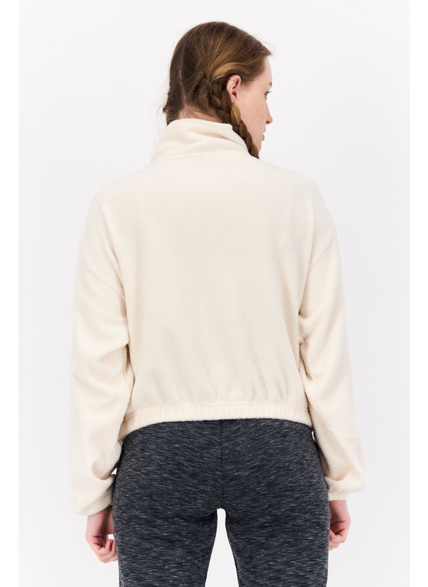 Women High Neck Long Sleeve Solid Sweatshirt, Cream