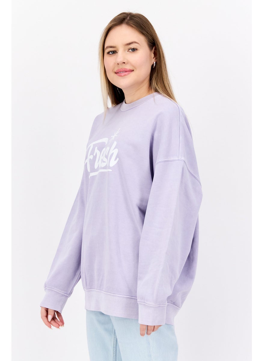 Women Crew Neck Long Sleeves Graphic Print Sweatshirt, Lavender